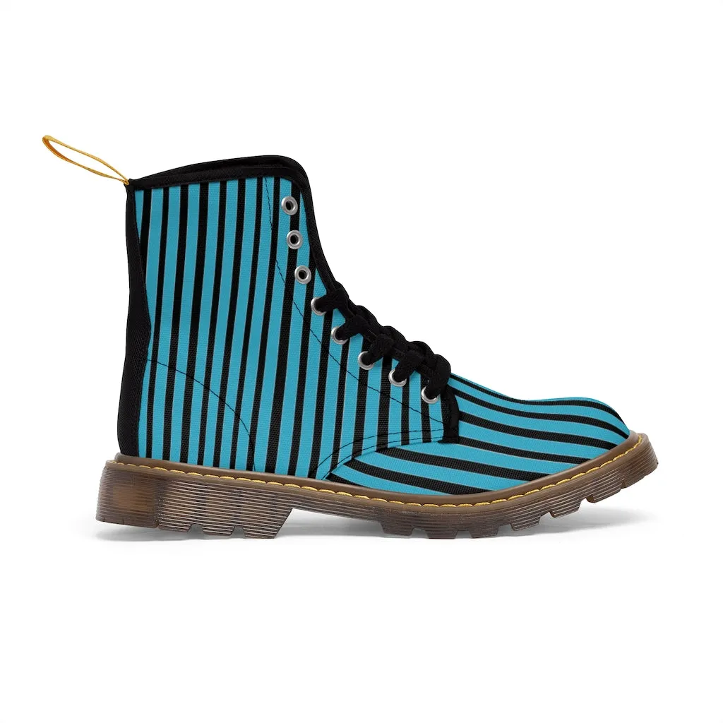 Blue Striped Print Men's Boots, Best Hiking Winter Boots Laced Up Designer Shoes For Men