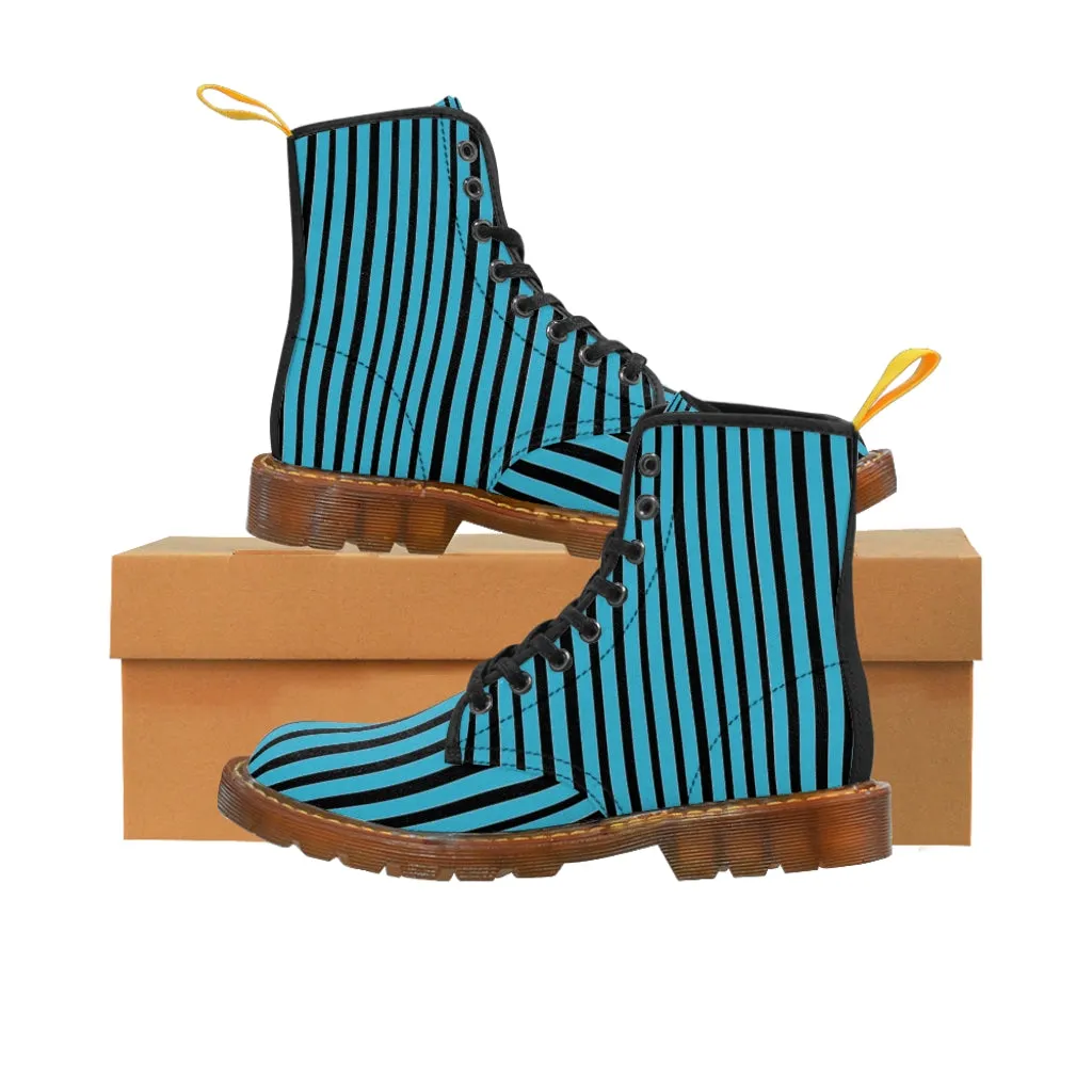 Blue Striped Print Men's Boots, Best Hiking Winter Boots Laced Up Designer Shoes For Men