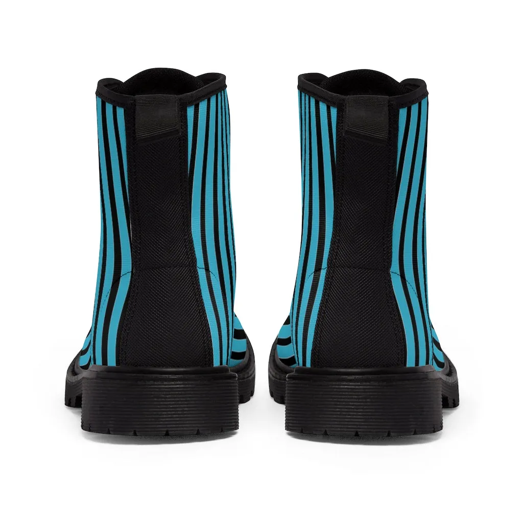 Blue Striped Print Men's Boots, Best Hiking Winter Boots Laced Up Designer Shoes For Men