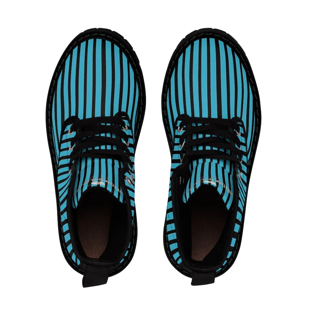 Blue Striped Print Men's Boots, Best Hiking Winter Boots Laced Up Designer Shoes For Men