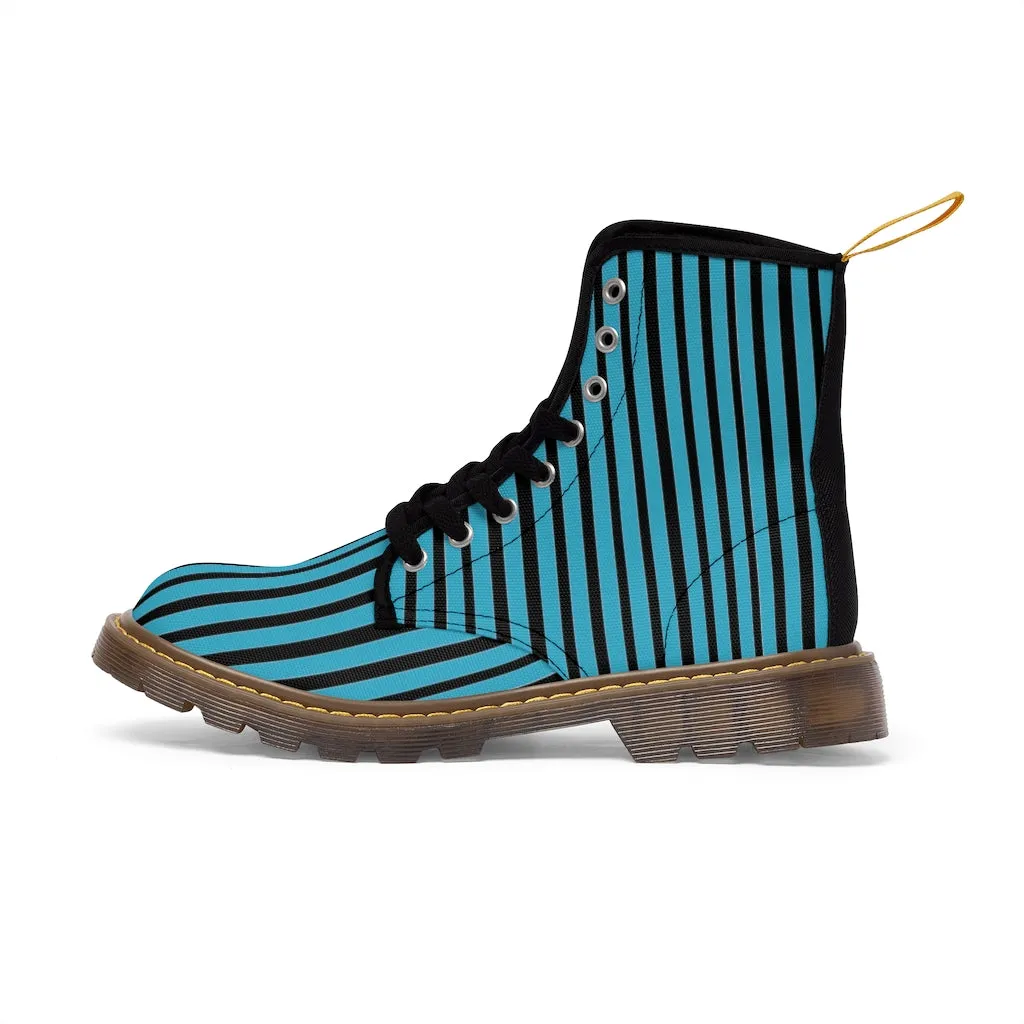 Blue Striped Print Men's Boots, Best Hiking Winter Boots Laced Up Designer Shoes For Men