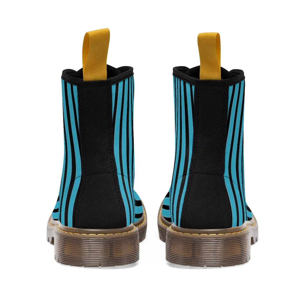 Blue Striped Print Men's Boots, Best Hiking Winter Boots Laced Up Designer Shoes For Men