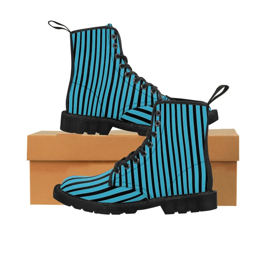 Blue Striped Print Men's Boots, Best Hiking Winter Boots Laced Up Designer Shoes For Men