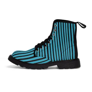 Blue Striped Print Men's Boots, Best Hiking Winter Boots Laced Up Designer Shoes For Men