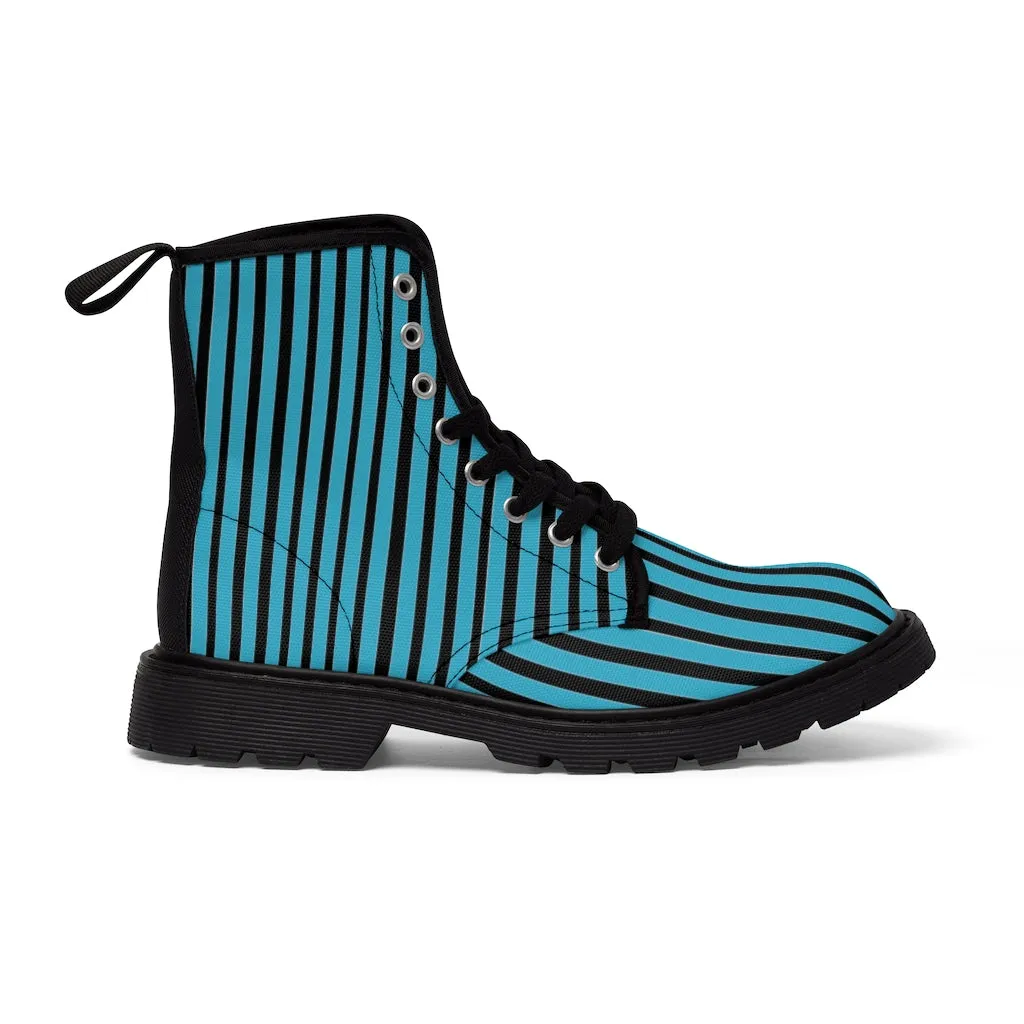 Blue Striped Print Men's Boots, Best Hiking Winter Boots Laced Up Designer Shoes For Men
