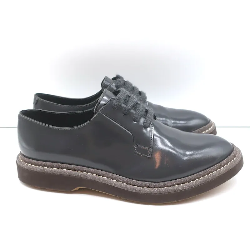 Brunello Cucinelli Glitter-Trim Lace Up Oxfords Gray Patent Leather Size 40.5