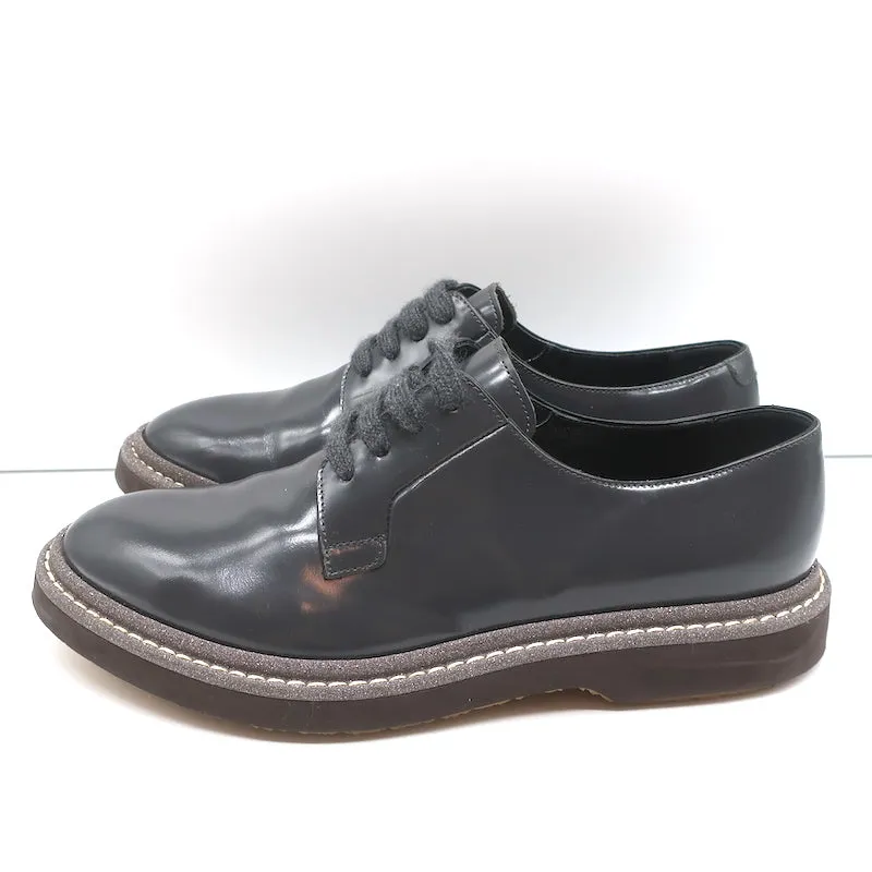 Brunello Cucinelli Glitter-Trim Lace Up Oxfords Gray Patent Leather Size 40.5
