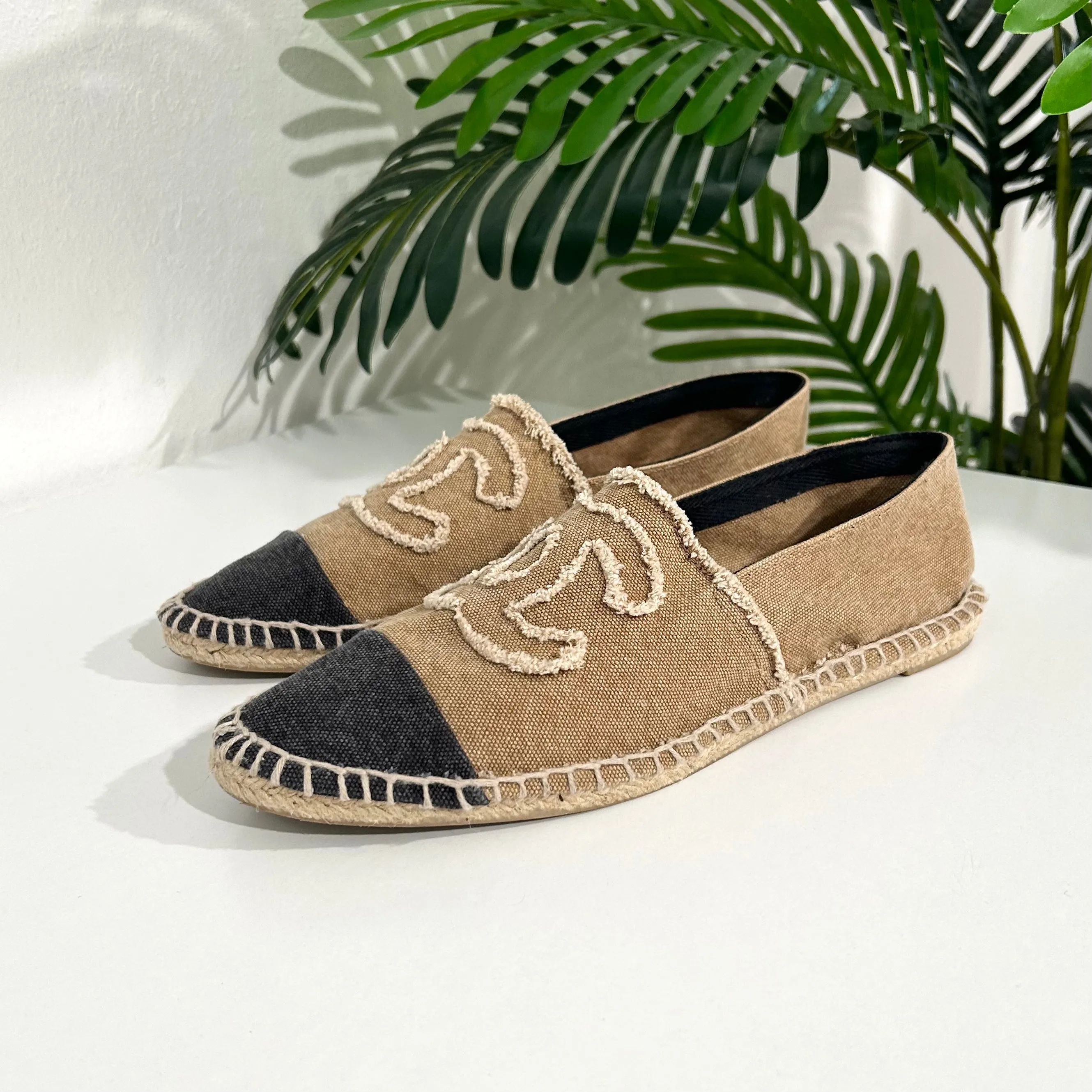 Chanel Tan & Black Canvas Espadrilles
