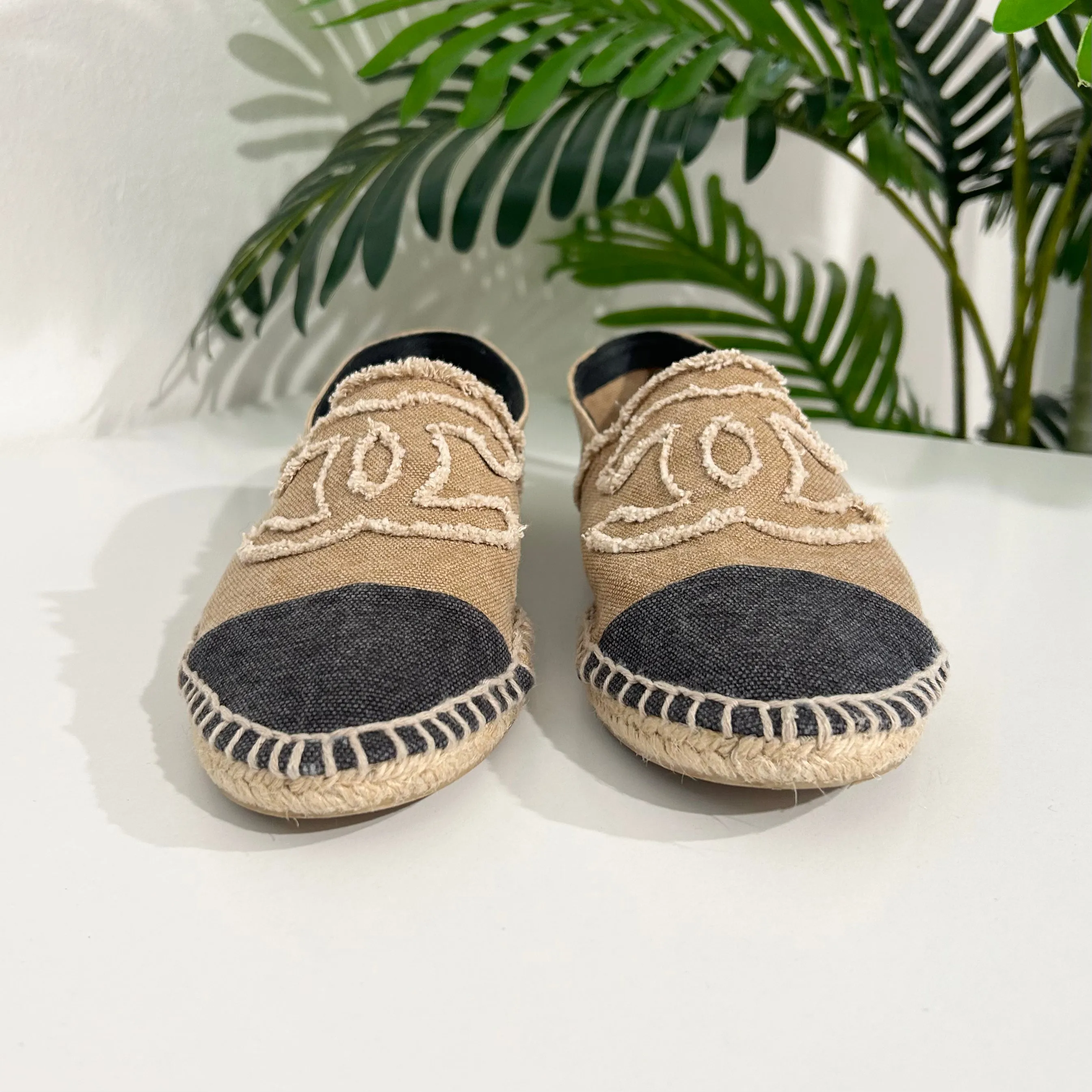 Chanel Tan & Black Canvas Espadrilles