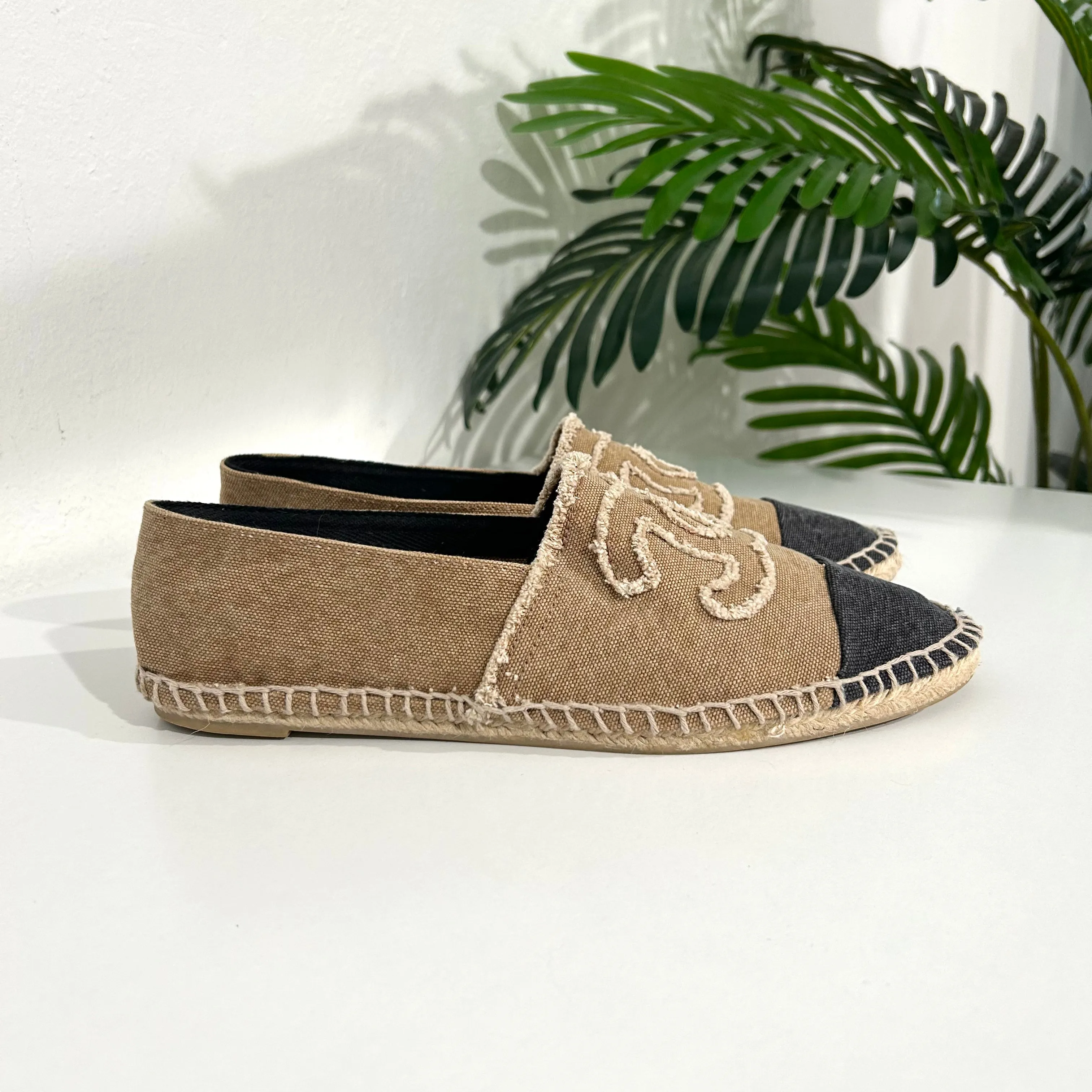 Chanel Tan & Black Canvas Espadrilles