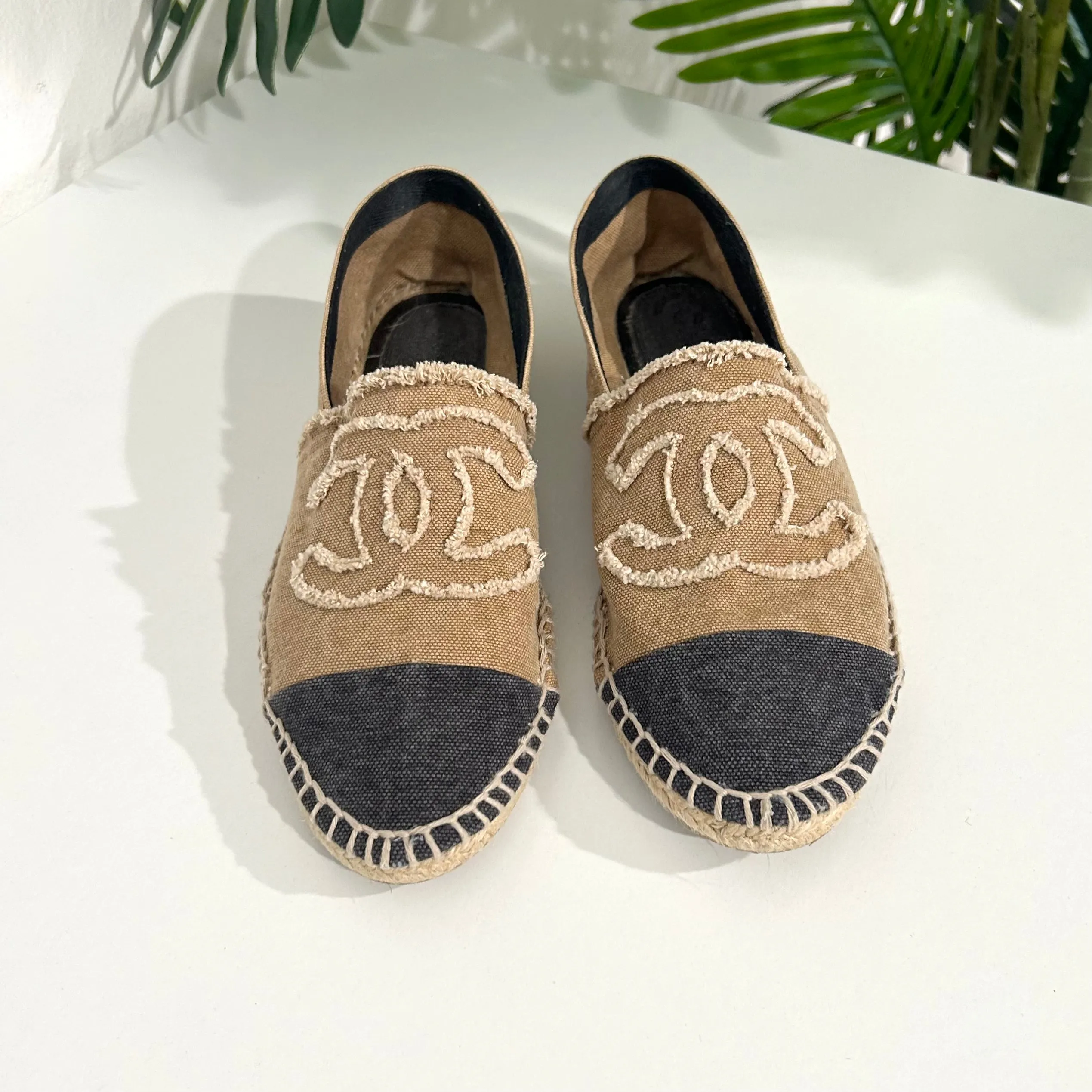Chanel Tan & Black Canvas Espadrilles