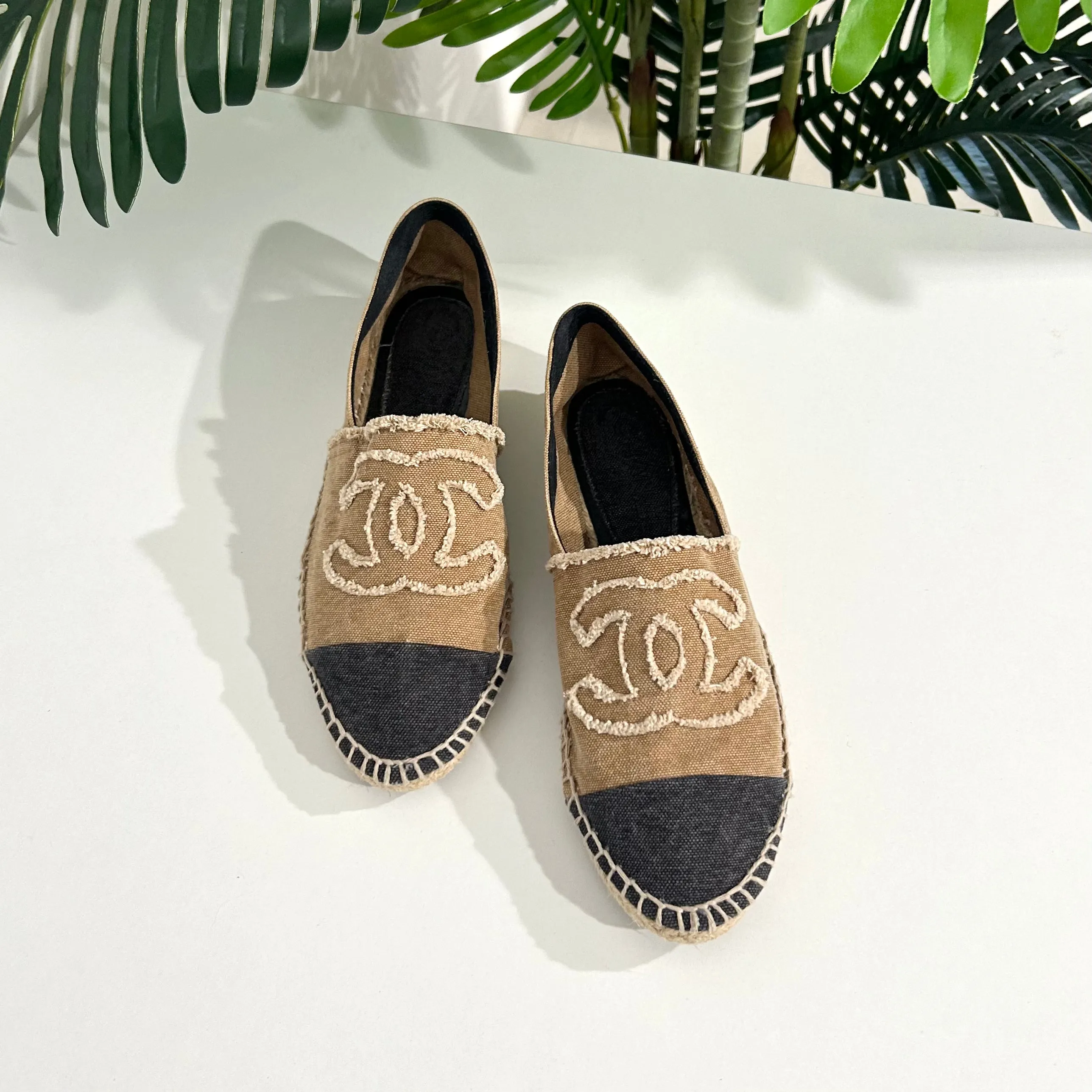 Chanel Tan & Black Canvas Espadrilles