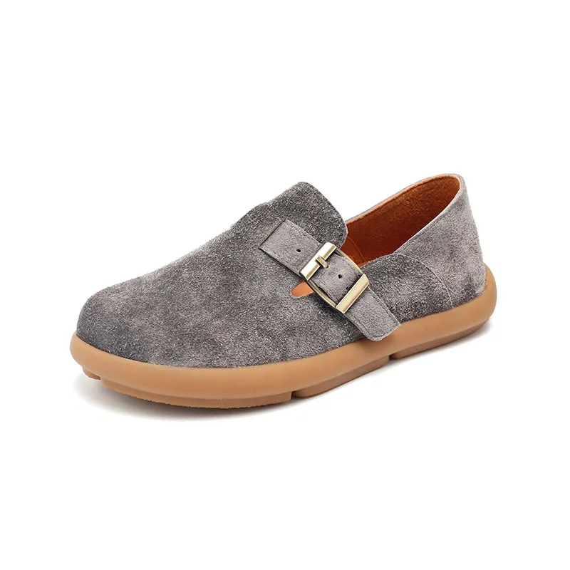 Comfortable Suede Leather Dwarves Loafers with Adjustable Buckle in Wine Red/Apricot/Pink Purple/Orange/Grey