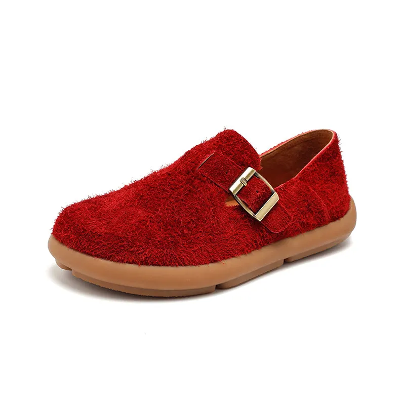 Comfortable Suede Leather Dwarves Loafers with Adjustable Buckle in Wine Red/Apricot/Pink Purple/Orange/Grey
