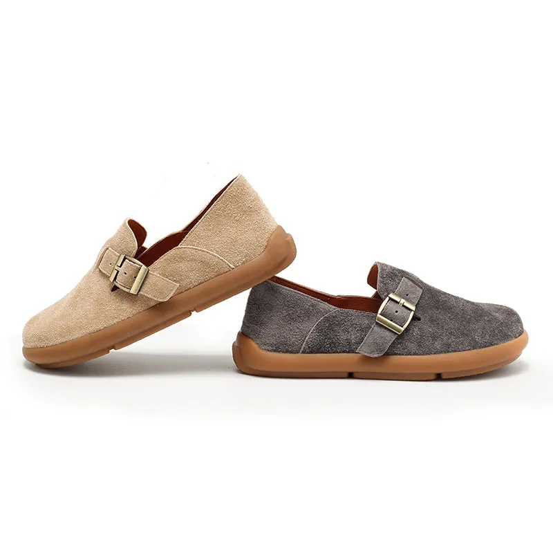 Comfortable Suede Leather Dwarves Loafers with Adjustable Buckle in Wine Red/Apricot/Pink Purple/Orange/Grey
