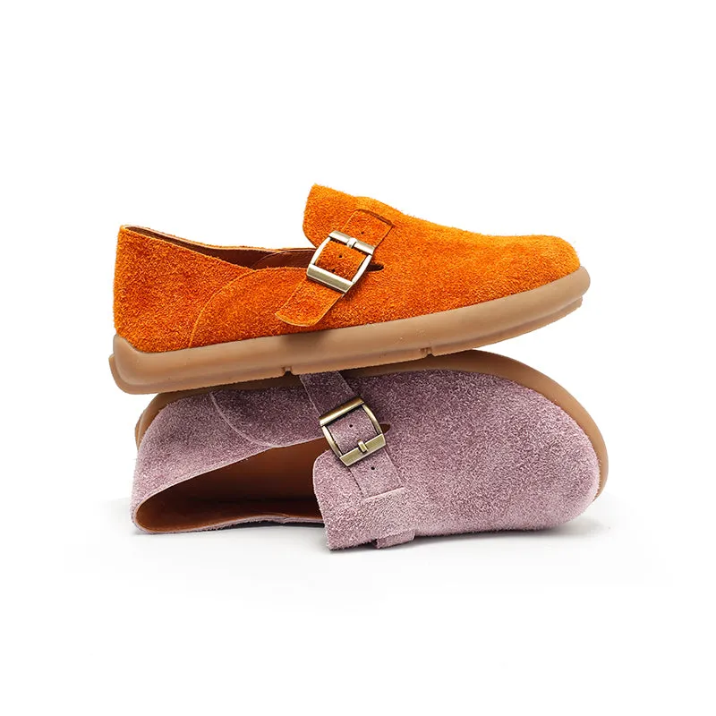 Comfortable Suede Leather Dwarves Loafers with Adjustable Buckle in Wine Red/Apricot/Pink Purple/Orange/Grey