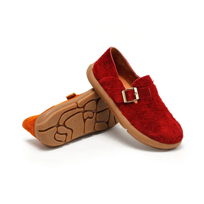Comfortable Suede Leather Dwarves Loafers with Adjustable Buckle in Wine Red/Apricot/Pink Purple/Orange/Grey