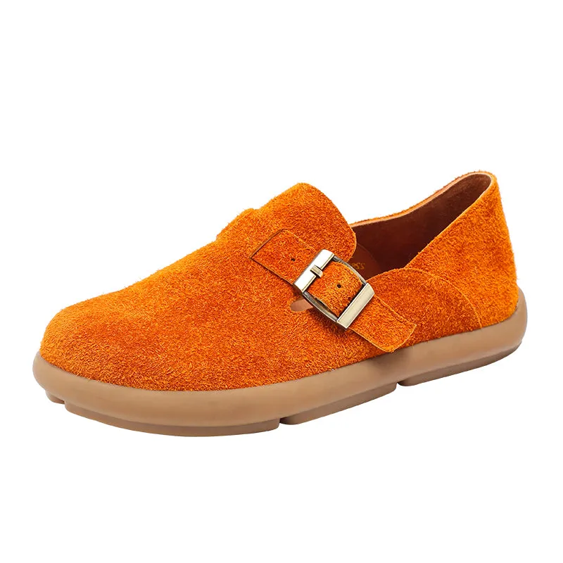 Comfortable Suede Leather Dwarves Loafers with Adjustable Buckle in Wine Red/Apricot/Pink Purple/Orange/Grey