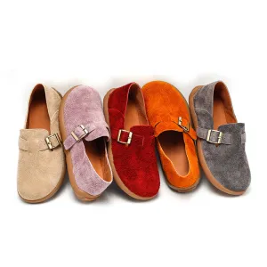 Comfortable Suede Leather Dwarves Loafers with Adjustable Buckle in Wine Red/Apricot/Pink Purple/Orange/Grey