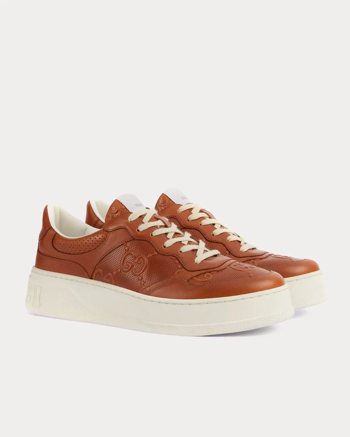 GG Leather Perforated Brown Low Top Sneakers