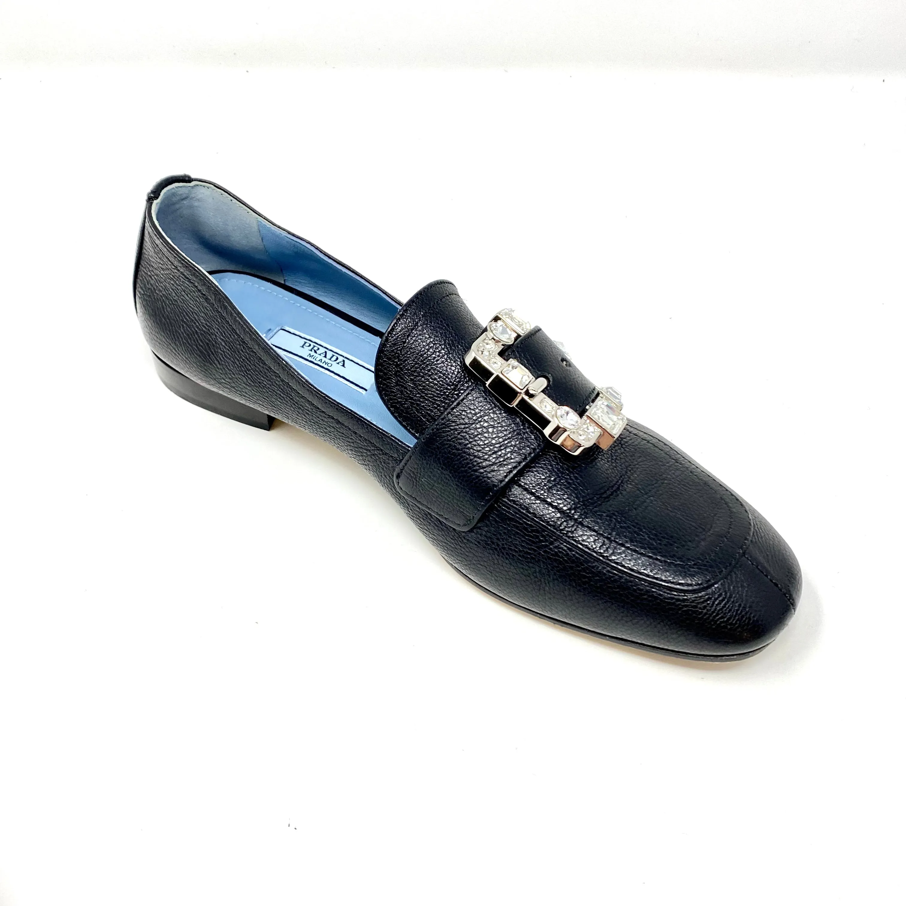 PRADA Black Leather Crystal Buckle Square Toe Loafer Flats Size 37.5 | 7