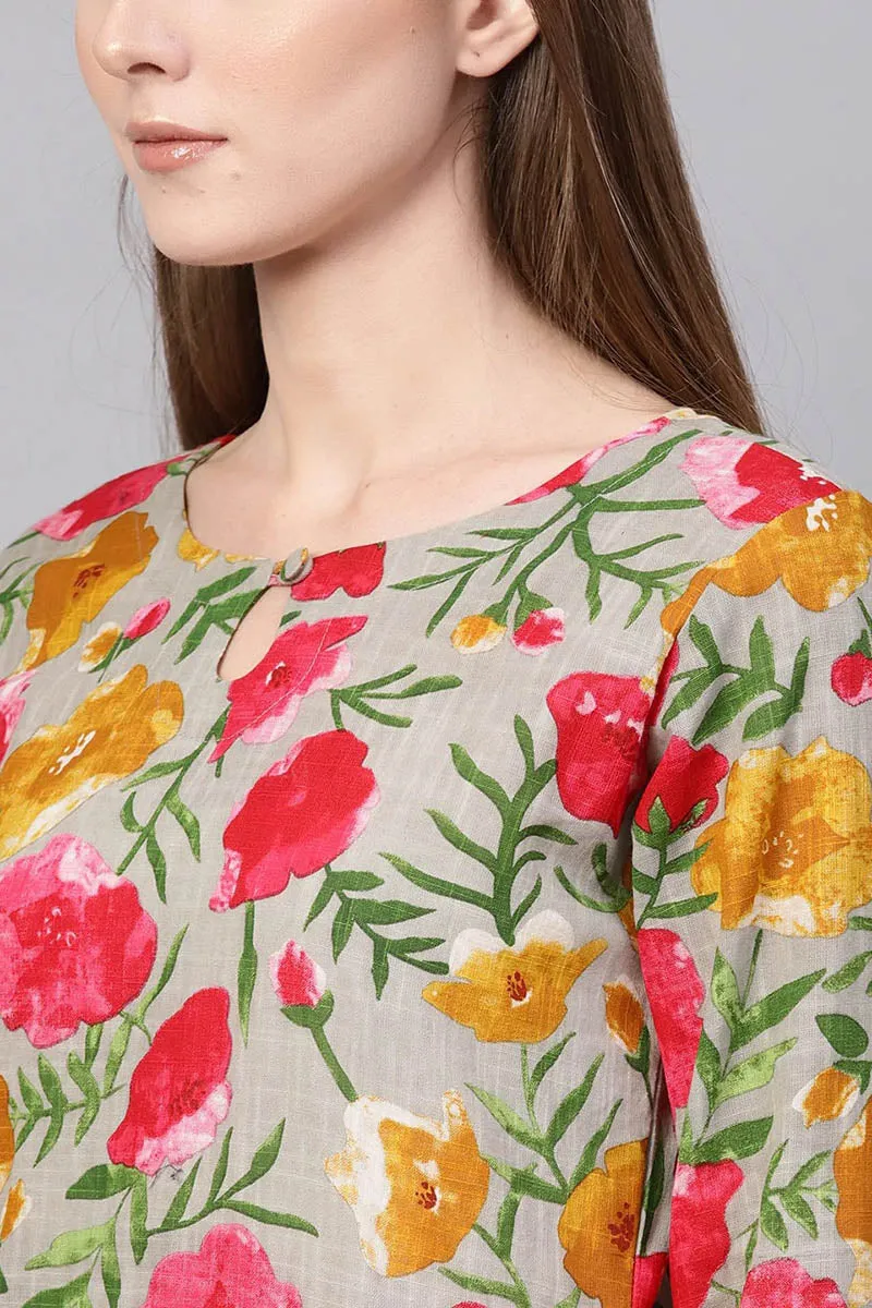 Printed Grey Rayon Blend Fabric Kurti