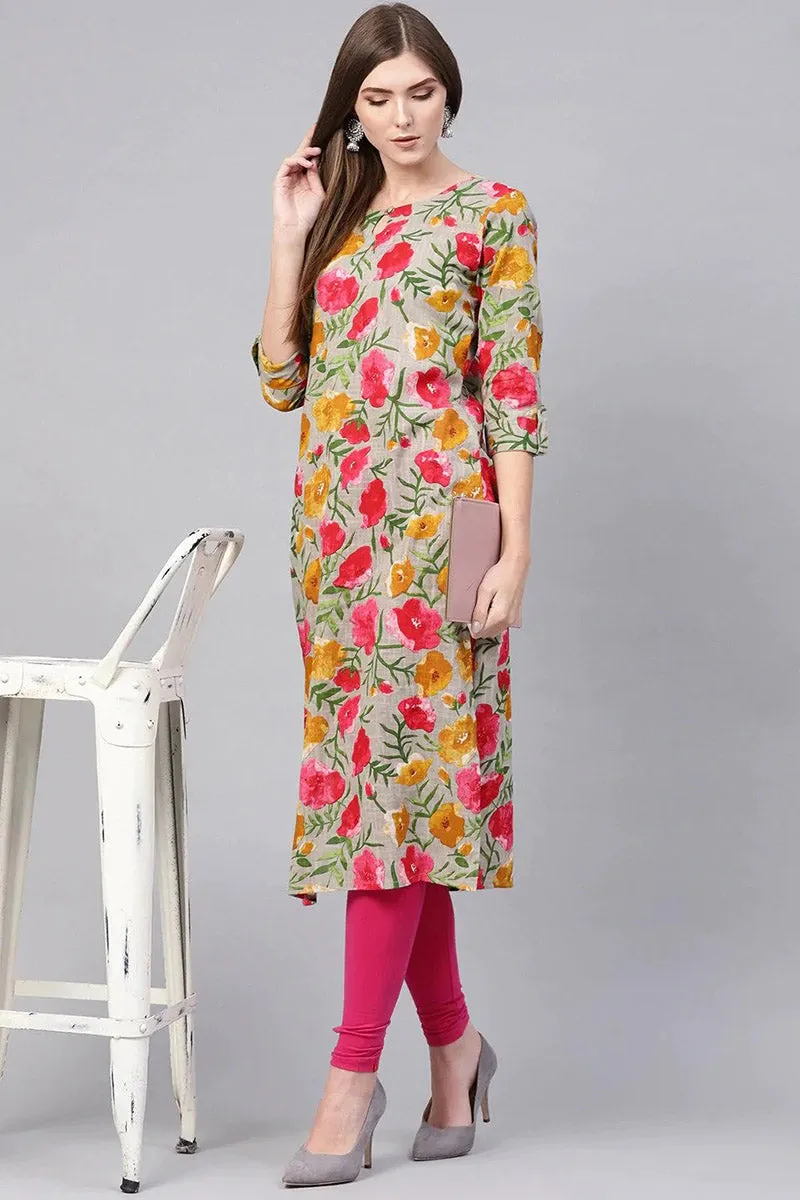 Printed Grey Rayon Blend Fabric Kurti