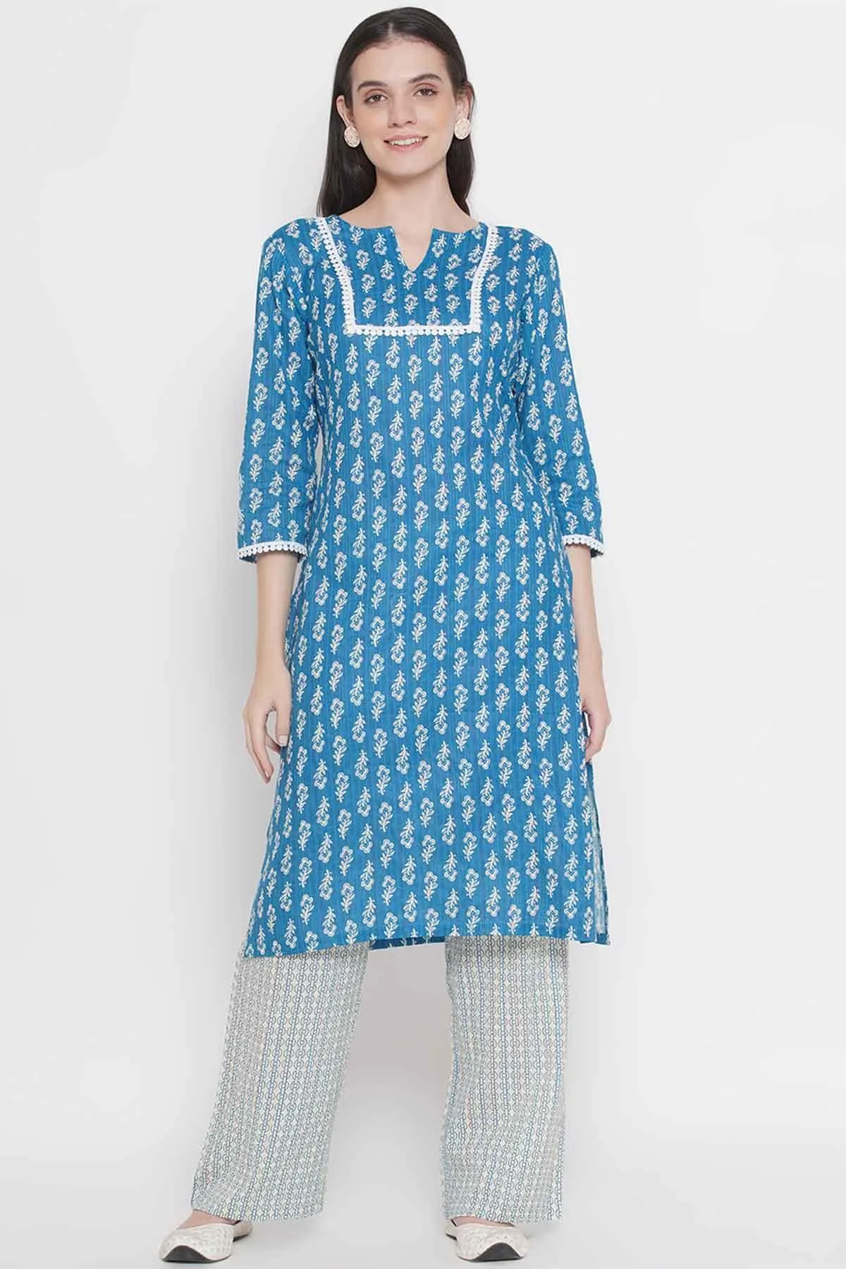 Riwaaz Turquoise Blue Kurta Set with Lace Details