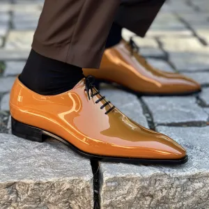Tan Patent Leather Ermete Lace-Up Pointed Oxford Shoes