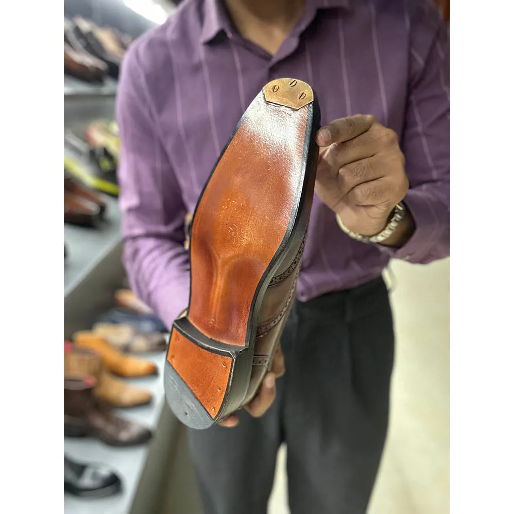 Tan Patina Goodyear Welted Mirror Glossed Wingtip Oxfords With Fiddle Back Sole & Metal Toe