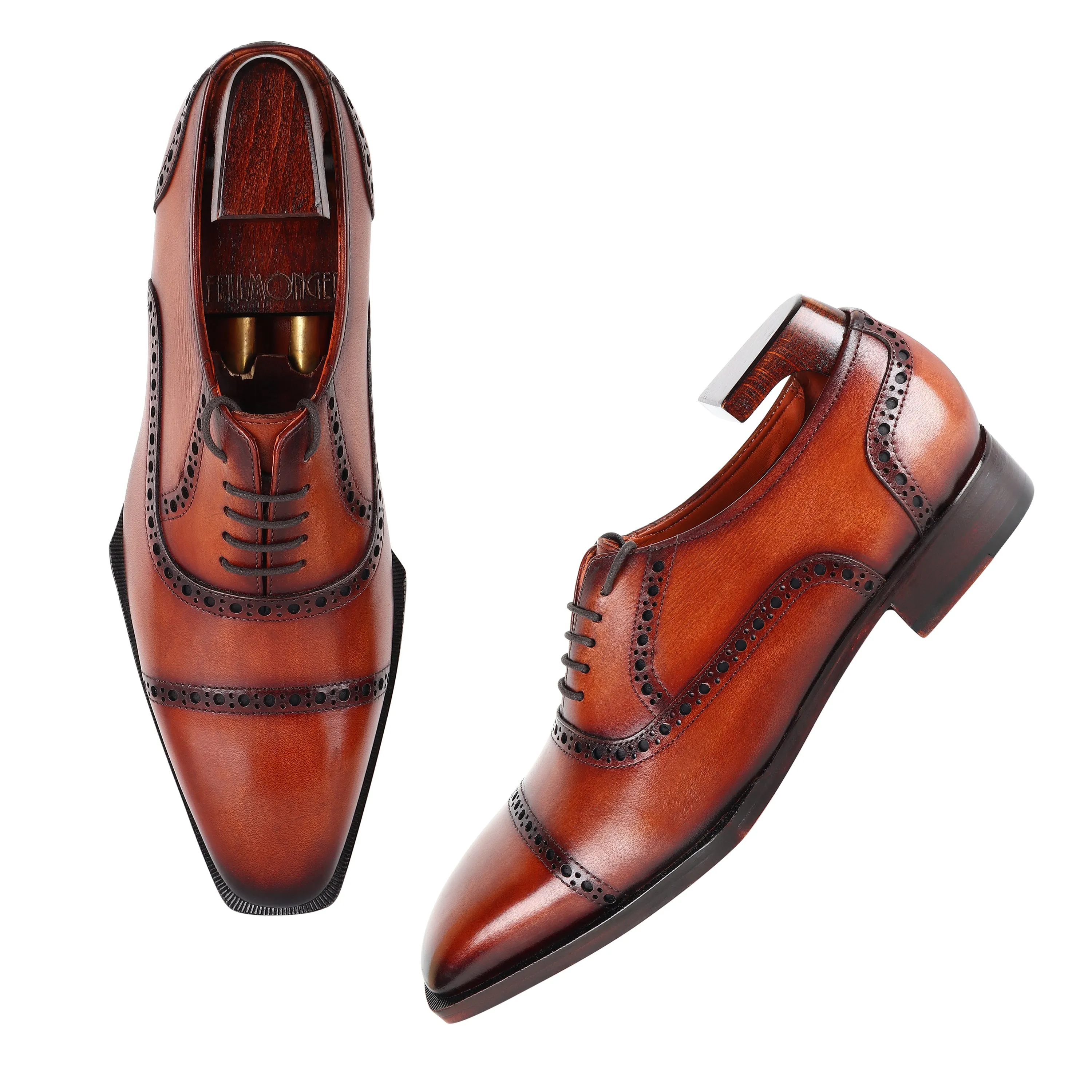 Tan Patina Mirror Glossed Spade Sole Captoe Oxfords