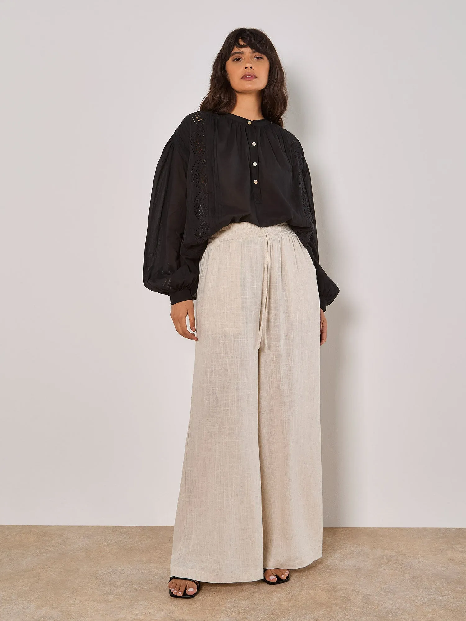 Wide Leg Linen Mix Trouser | Apricot