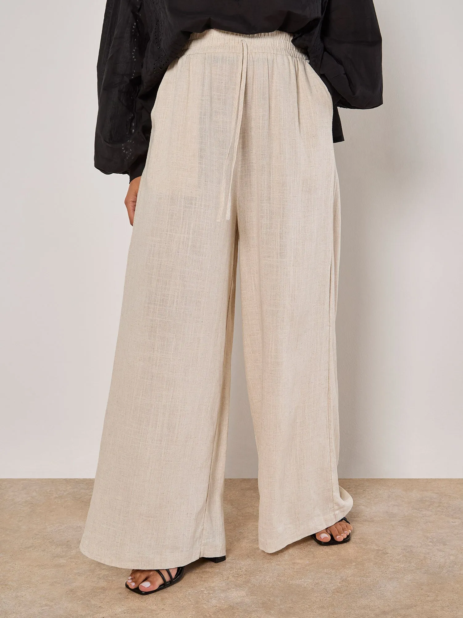 Wide Leg Linen Mix Trouser | Apricot