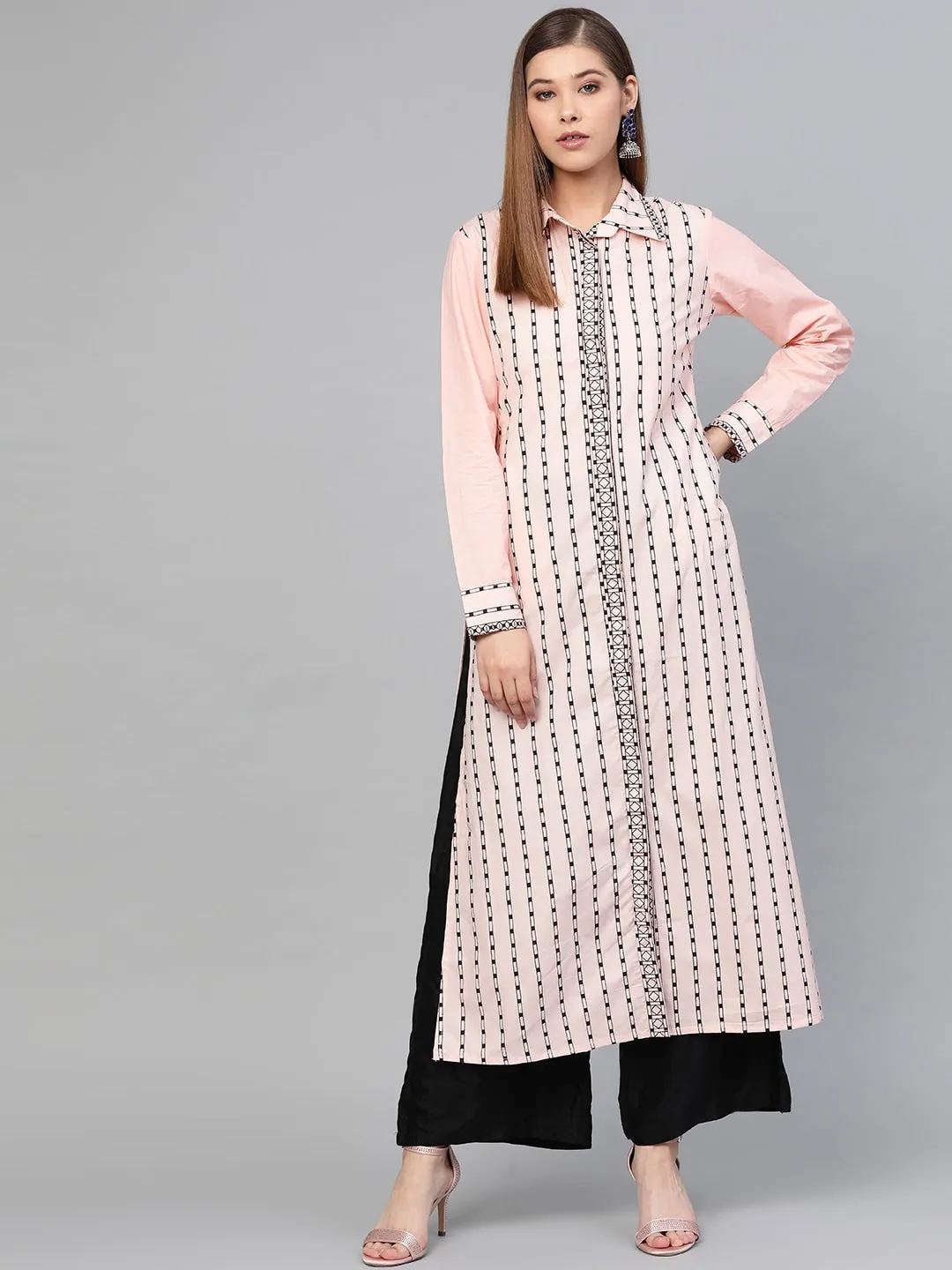 Women Peach & Black A-Line Kurta