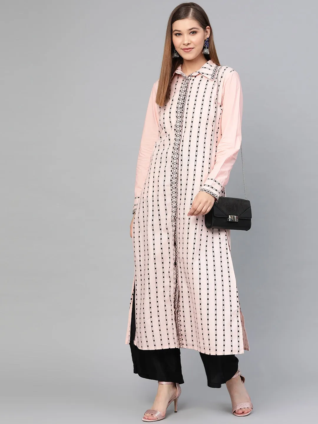 Women Peach & Black A-Line Kurta